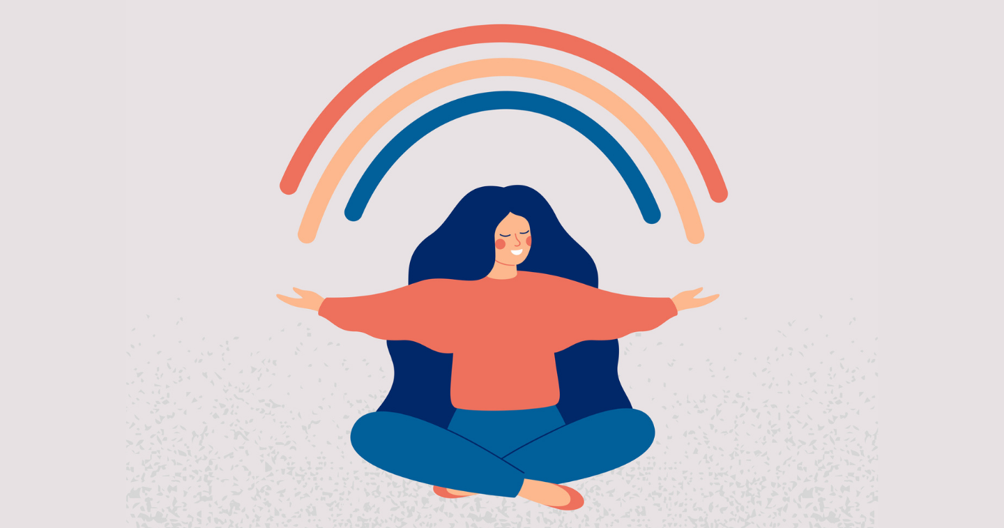 A graphic of a women sitting cross legged with a rainbow above her